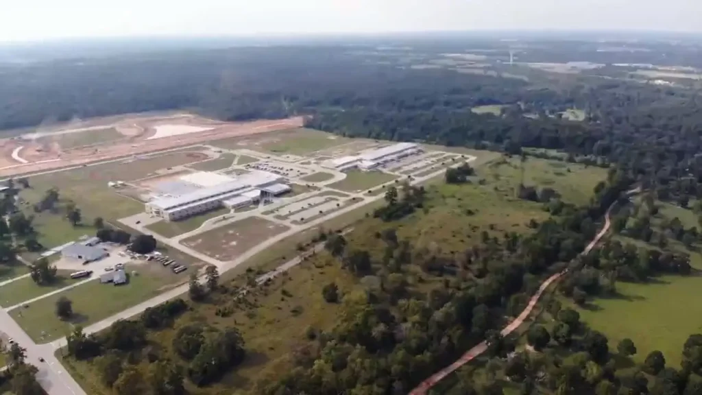 Aerial view of a rural industrial facility.